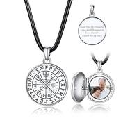 Bandmax Kette mit Foto Medaillons für Damen Medaillon zum Öffnen für Bilder Wikinger Kompass Anhänger Fotokette Gravur 925 Silber Halskette Rund Kettenanhänger Lederkette Schmuck für Freund Freundin