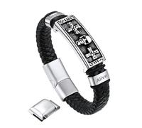 Bandmax Personalisiertes Armband mit Gravur Männer Leder Armreifen Totenkopf Kreuz Lederarmband Magnetverschluss Edelstahl 21cm Wachsschnur-Armband Herren Kunstleder Armkette Schmuck für Geburtstag