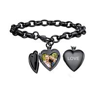 Bandmax schwarz Edelstahl Ankerkette mit Herz Medaillon personalisiert Foto Bild Armband verstellbarer Battelarmband Armschmuck Accessoire für Frauen Männer