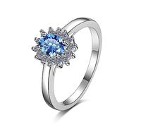 Banemi Damenring Weissgold, Zarter Ring Blume 925 Silber mit 0.5ct Blau Ovalschliff Moissanit Größe 57 (18.1)