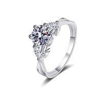 Banemi Damenring Zirkonia, Weißgold Zarter Ring Blume 925 Silber mit 6.5mm Rundschliff Zirkonia Größe 52 (16.6)