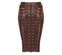 BANGHA Lederrock, Lederrock Damen Schwarz Knielanger Stretch-PU-Lederrock for Damen mit Bändern im Rücken, Schnür-Reißverschluss-Bandage-Lederröcken(Brown,XL)