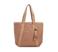 Baoblaze Strandtasche Damen Groß Stroh, Korbtasche Geflochten mit Reißverschluss, Gewebte Handtasche,Gewebte Umhängetaschen, Eimer Korbtasche für Outdoor Reise Arbeit Einkaufen Party, Hellbraun