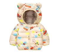 Baogaier Baby Kinder Winter Jacke Mantel Reißverschluss Drucke Muster Kapuzenjacke Winddicht Warm Ultraleicht Oberbekleidung Schneeanzug für Jungen Mädchen 1-2 Jahre, GR. 86-92, Beige