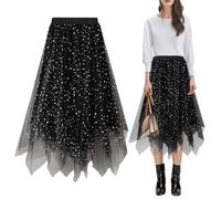 Baogaier Damen Pailletten Tüllrock Röcke Mesh Faltenrock, Elastisch Hohe Taille Midirock A-Linie Schwarz Röck Tüll Unterrock mit Samtfutter, Faschingskostüme Karneval Party
