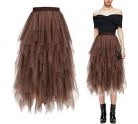 Baogaier Damen Tüllrock Elastisch Mesh Faltenrock Elegante Hohe Taille Tüll Rock Braun A Linie Tutu Midirock mit Gefüttert Lagenrock Faltenkleid Fasching Party Karneval Kostüm