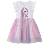 Baogaier Mädchen Kleid Einhorn Pailletten Kleider Gr. 98-104 Tüllkleid Ärmellos Baumwolle Glitzer Sommerkleid Shirtkleid Ballkleid Rosa Tüll Rock für Kinder Kleinkinder 3-4 Jahire, Weiß