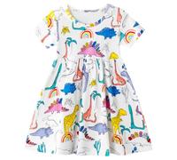 Baogaier Mädchen Kleider Kurzarm Baumwolle Blau Weiß Dinosaurier Druck A-Linie T-Shirt Kinderkleid Rundhals Festliche Freizeitkleid Party Prinzessin Kleid Kleidung Gr.116-122, für 6-7 Jahre