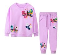Baogaier Mädchen Trainingsanzug Sportbekleidung Kinder Jogginganzug Sport Set Lila Stickerei Schmetterling Muster Baumwolle Pullover Anzug Freizeitanzug Sweatshirt Trainingshose Sportanzug, GR.104-110