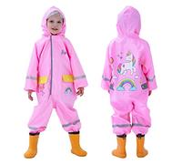 Baogaier Regenanzug Mädchen Rosa, Regenjacke mit Kapuze Wasserdicht Atmungsaktiv Lang Leicht Einteilig Regenmantel Regenhose Pfützenanzug mit Reflektierende Streifen für Kinder 2-4 Jahre, Einhorn