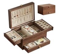 Baolivi Schmuckschatulle aus Holz Schmuckkasten klein für Damen, Massivholz Vintage Schmuckkästchen Schmuckbox mit Halskettenhalter, 3 Ebenen Schmuckaufbewahrung für Schmuck, Ohrringe, Armbanduhr