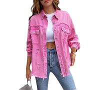 Barbotimer Jacke Damen Y2k Langarm Jeansjacke Damen Vintage Damen-Jacken Denim Jeanshemd Damen Jeans Jacken Für Damen Übergangsjacke Frühling Herbst Sport Basic Casual Elegant Streetwear (Rosa, M)
