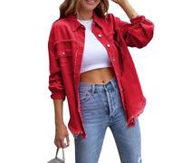 Barbotimer Jacke Damen Y2k Langarm Jeansjacke Damen Vintage Damen-Jacken Denim Jeanshemd Damen Jeans Jacken Für Damen Übergangsjacke Frühling Herbst Sport Basic Casual Elegant Streetwear (Rot, XL)