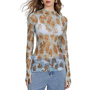 Barbotimer Netzoberteil Damen Durchsichtig Mesh Langarmshirt Sexy Blumenmuster Netzshirt Spitzen Mesh Top Transparentes Bluse Y2K Rave Outfit für Party Club (Himmel Blau, L)