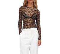 Barbotimer Oberteile Damen Leopardmuster Tops Y2K Durchsichtig Crop Top Rundhals Langarmshirt Party Tops Elegant Festival Outfit Sexy Clubwear (Dunkel Braun, M)