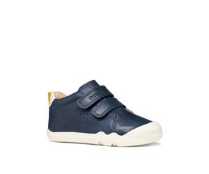 Barfußschuh GEOX "B STEPPIEUP BOY", Jungen, Gr. 20, blau (navy, weiß), Leder, Schuhe Barfußschuh, Babyschuh, hochgezogener Vorderkappe, Größenschablone zum Download (52193241-20) navy, weiß