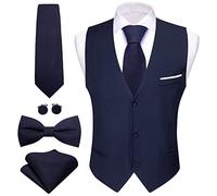 Barry.Wang Herren Weste Anzug Slim Fit Formelle Business Freizeit Solide Farbe Weste Krawatte Fliege Set Hochzeit Party, Marineblau, X-Large
