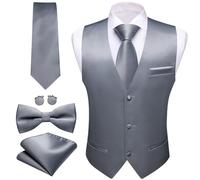 Barry.Wang Herren-Weste, formelle Business-Anzug, schmale Passform, lässig, einfarbig, Kleid, Weste, Krawatte, Fliege, Set, Hochzeit, Party, Silbergrau, X-Large