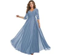 Bascabeen Kleid für die Brautmutter mit 3/4-Ärmeln, Spitze, Chiffon, langes Kleid für Hochzeit, A-Linie, formelles Abendkleid, dusty blue, 58