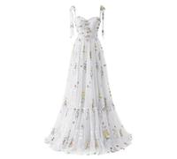 Basgute Damen Blumenstickerei Tüll Abschlussballkleider Korsett Lange Spaghettiträger Feenhaftes Raffiniertes Formelles Abendkleid, 46