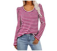 Basic Langarmshirt Damen Gestreiftes Shirt Ringelshirt Schwarz Weiß Gestreiftes Long Sleeve Leicht Basic Oberteile Mode Kleidung Frauen Rot XXL