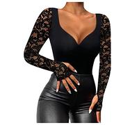 Basic Langarmshirt Damen Langarmshirt Damen Sport Metallic Oberteil Frauen Sexy Spitze Netz Tiefer V-Ausschnitt Langarmshirt Slim Schwarz Langarm Blusen Eng Basic Oberteil Piraten Bluse Damen Weiß