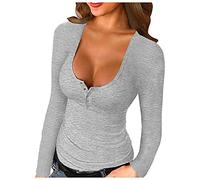 Basic Langarmshirt Damen Sexy - Enge Oberteile Damen Tiefer Ausschnitt mit Knopfleiste, Pullover T Shirt Langarm Einfarbig Stretch Slim Fit Bequeme Unterhemd Untershirt T-Shirts für Damen