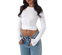 Basic Shirt Damen Langarm, Y2K Crop Tops Damen ,Langarmshirt Damen Eng T Shirt Slim Fit Bauchfreies Oberteile Cropped Pullover Rundhals Bluse Streetwear Klamotten für Frauen Teenager Mädchen
