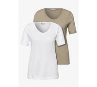 T-Shirt STREET ONE, Damen, Gr. 42, beige (weiß, timeless beige), Web, 50% Baumwolle, 50% Modal, unifarben, normal normal, V-Ausschnitt, abgesteppt, Shirts T-Shirt, mit abgerundetem V-Ausschnitt (97249