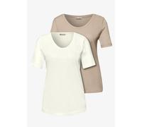 T-Shirt STREET ONE, Damen, Gr. 46, beige (sanftes weiß, cotton beige), Web, 50% Baumwolle, 50% Modal, unifarben, normal normal, V-Ausschnitt, abgesteppt, Shirts T-Shirt, mit abgerundetem V-Ausschnitt