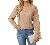 Basic Top Damen Lose Langarmshirt Damen | Elegant Bluse V-Ausschnitt Top in Schmaler Passform Locker Oberteile Dünner Longshirt M A Khaki