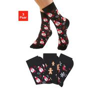 Basicsocken H.I.S, Damen, Gr. 35-38, 3x schwarz gemustert, Baumwollmischung, gemustert, elastisch, Socken, mit lustigen Weihnachtsmotiven (65412113-35) 3x schwarz gemustert