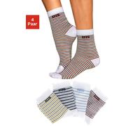 Basicsocken H.I.S, Herren, Gr. 39-42, bunt (weiß, grün, weiß, grau, weiß, blau, weiß, braun), Baumwolle, Elasthan, Polyamid, geringelt, elastisch, Socken, mit eingestricktem Markenlogo (813324-39) wei