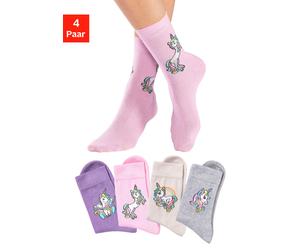 Basicsocken H.I.S, Mädchen, Gr. 27-30, bunt (1x ecru, 1x rosa, 1x lila, 1x hellgrau, meliert), Baumwollmischung, gemustert, elastisch, Socken, mit Einhorn Motiven (45548961-27) 1x ecru, 1x rosa, 1x li