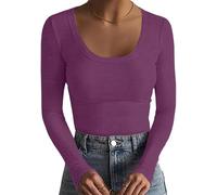 Basicspace Damen Basic Geripptes Top Weiches Stretch-T-Shirt Lässiges Hautfreundliches Bequemes Langarm-Shirt U-Ausschnitt Elegantes Violett Top（Violett，S