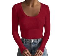 Basicspace Damen Elegantes Geripptes Top Schlankes Sexy T Shirt Tiefer U-Ausschnitt Hautfreundlich Bequemes Lässig Langarm Shirt Basic Burgunderrot Tops（Burgunderrot，XXL