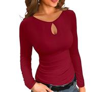 Basicspace Damen-Freizeitbluse Basic-T-Shirt Einfarbig Mit Tiefem U-Ausschnitt in Tropfenform Modisches Vielseitig Kombinierbares Langarmhemd.