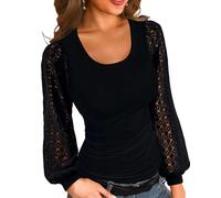 Basicspace Damen Herbst und Winter Solide Farbe Tops Vielseitige Mode T-Shirt Elegant Gerippt Hautfreundlich Spitze Schwarz Langärmeliges Shirt(M,Schwarz)