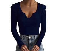 Basicspace Damen Huhn Herz V-Ausschnitt Enge Weiche Langarm-Shirt Herbst und Winter Bequem Gerippte Top Elegante Enge Blau T Shirt(XXL,Blau)