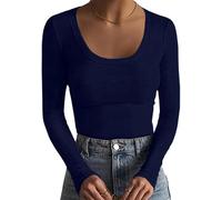 Basicspace Damen Klassisches Lässiges Geripptes Top Basic Vielseitig Schlankes Shirt Sexy Weiches Marineblau Langarm-Top（Marineblau，XXL