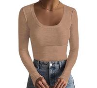 Basicspace Damen Minimalistisches Und leichtes Top Modisches Einfarbiges Elastisches T-Shirt, Tiefer U-Ausschnitt, Atmungsaktives Basic Slim Fit Langarmshirt Geripptes Khaki Top(Khaki,S)