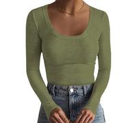 Basicspace Damen Tiefes U-Ausschnitt Geripptes T-Shirt lässig vielseitiges Elastisches Top Gerippt Einfarbig Atmungsaktives Top Modisches Slim Fit sexy Armeegrün Langarmshirt(Armeegrün,XL)