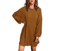 Basicspace Herbstkleider für Damen Langarm Knielang Hemdblusenkleider Freizeitkleider mit Taschen Swingkleid(L,braun)