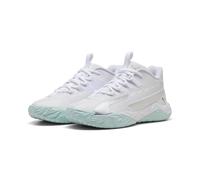 Basketballschuh PUMA "Dagger 2 Mid Basketballschuhe Jugendliche", Kinder, Gr. 36, weiß silber feather gray metallic, Obermaterial: Synthetik, Textil; Futter: Textil; Innensohle: Textil; Laufsohle: Gum