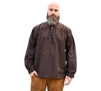 Battle-Merchant Mittelalter Hemd Ludwig Baumwolle | Herren weites Schnürhemd Stehkragen Langarm LARP Wikinger Kleidung Tracht (Braun, XL)