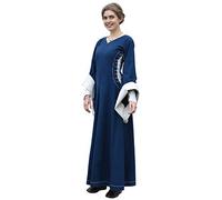 Battle-Merchant Mittelalter Kleid Bliaut Amal Damen, mit Höllenfenstern und Trompetenärmeln Langarm, bodenlang, Baumwolle, Vintage, LARP, Boho, Wikinger, Kostüm, Gewandung, Blau/Natur, Gr. S