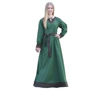 Battle-Merchant Langarm Mittelalter Kleid Jona mit Gürtel für Damen aus Baumwolle | LARP Wikingerkleid als Verkleidung und Kostüm (Grün, L)