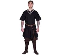 Battle-Merchant Mittelalter Tunika Ailrik mit Bordüre Herren | Kurzarm Wikinger Hemd | Krieger Verkleidung für Karneval| Diverse Farben S-XXL (Schwarz, XXL)