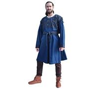 Battle-Merchant Mittelalter Tunika Bent mit abnehmbaren Ärmeln - Mittelalterkleidung - Wikinger - LARP - Hemd - Kostüm - Baumwolle - Braun - Blau - Schwarz (XL, Blau/Dunkelbau)