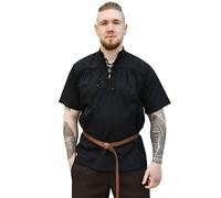 Battle-Merchant | Mittelalterliches Kurzarm-Hemd für Herren | Wikingerhemd für Männer | Spätmittelalterliche Gewandung |Mittelalter, LARP, Wikinger, Pirat (XXL, Schwarz)